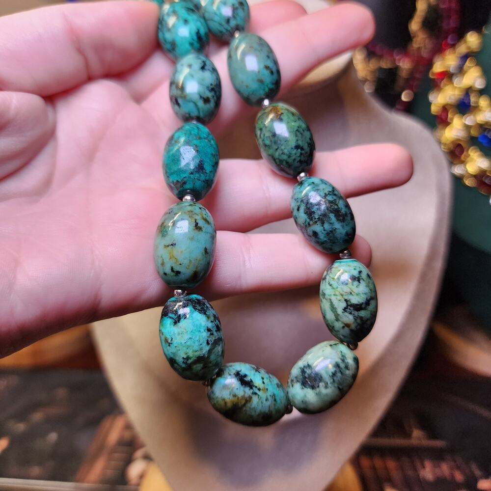 African Turquoise Jasper Necklace Oval Beaded Gemstone Sterling Silver Southwest - Picture 6 of 11